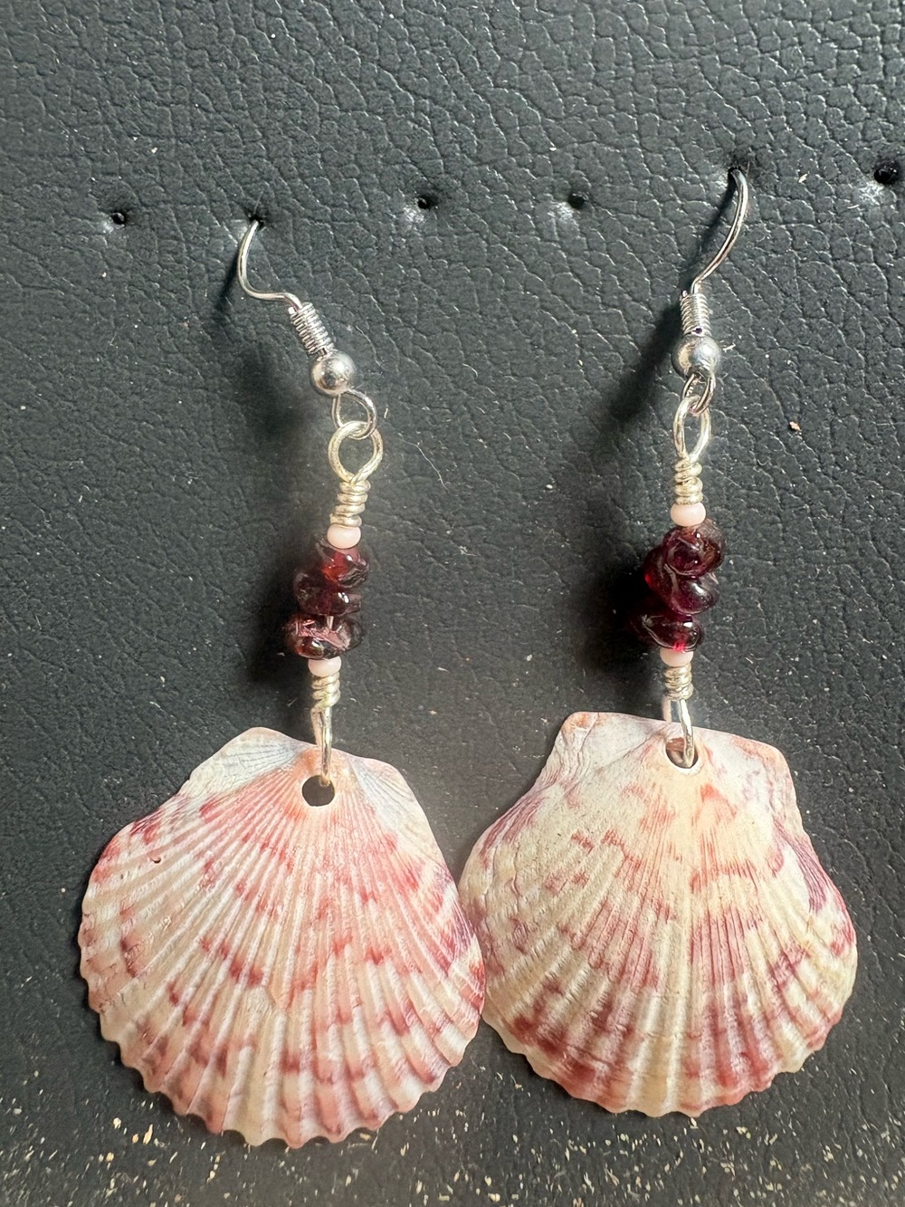 Handmade Pink Shell Drop Earrings with Garnet Bead Accents